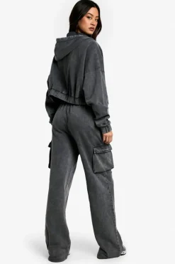 Online boohoo Tall Acid Wash Corset Top Hooded 3 Piece Tracksuit acid wash black