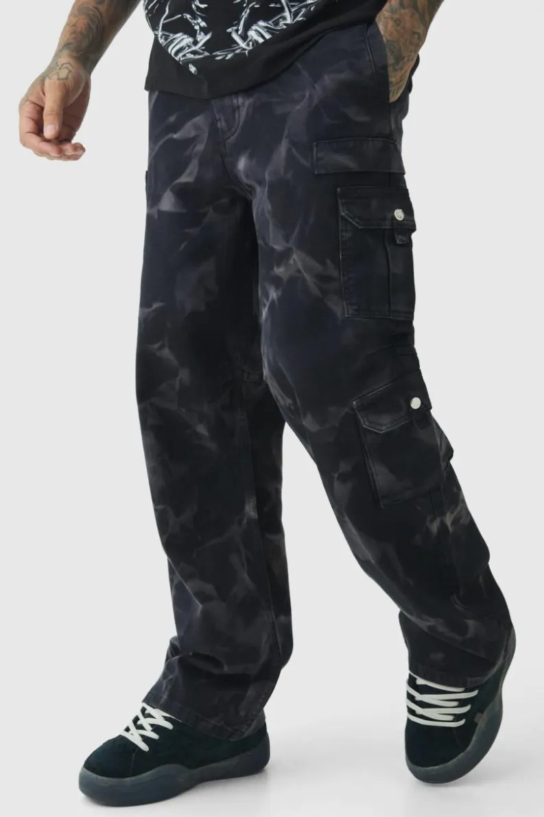 Shop boohooMAN Tall Acid Wash Relaxed Fit Cargo Trousers black