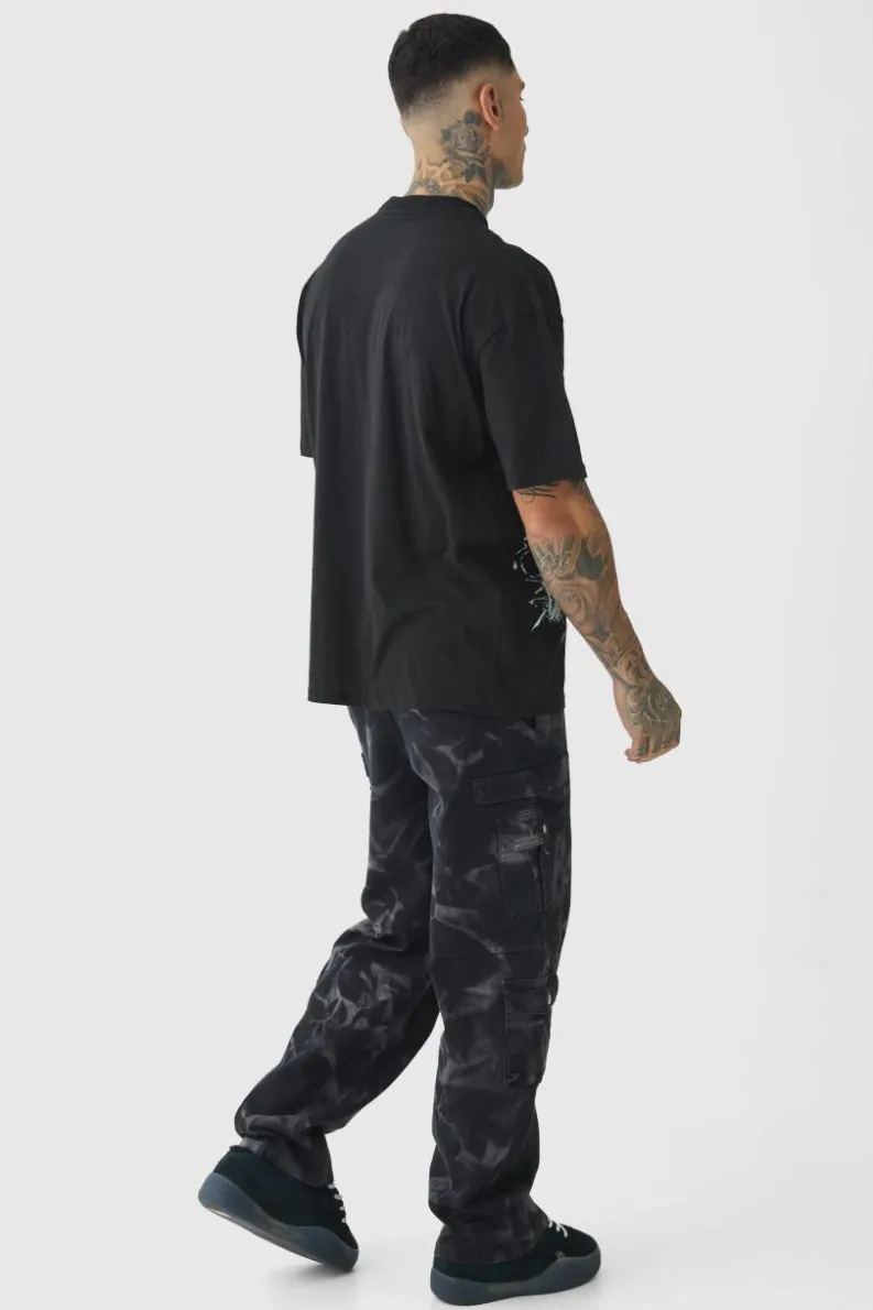 Shop boohooMAN Tall Acid Wash Relaxed Fit Cargo Trousers black