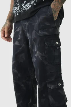 Shop boohooMAN Tall Acid Wash Relaxed Fit Cargo Trousers black