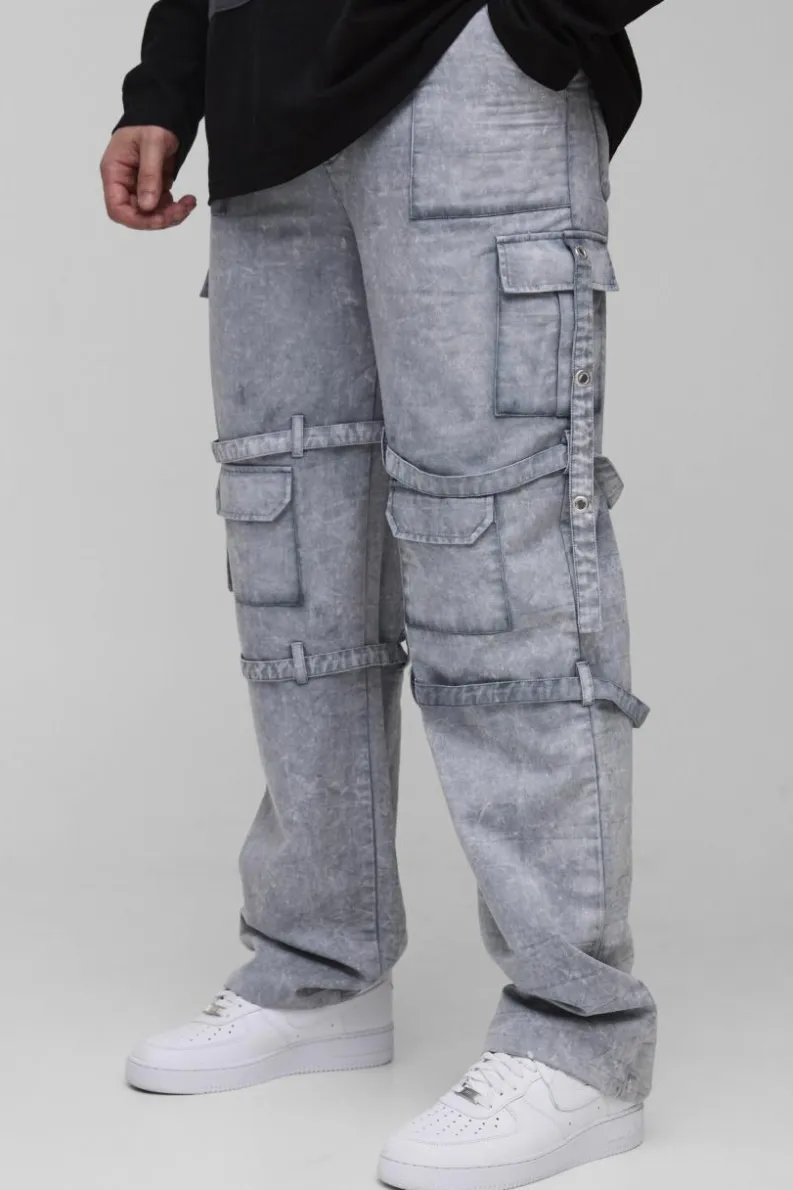 New boohooMAN Tall Acid Wash Strappy Relaxed Fit Cargo Trousers grey