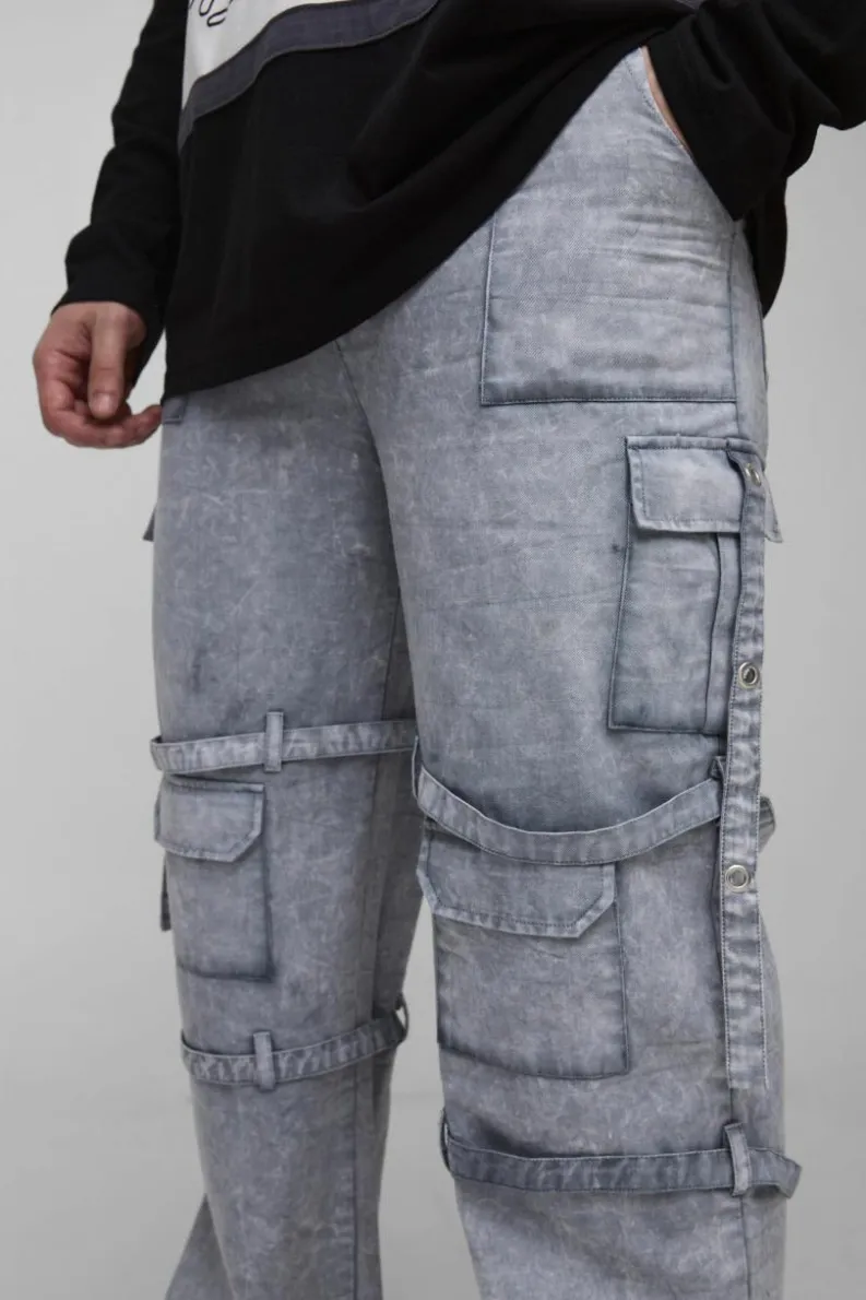 New boohooMAN Tall Acid Wash Strappy Relaxed Fit Cargo Trousers grey