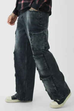 Hot boohooMAN Tall Baggy Fit Washed Multi Pocket Cargo Jeans washed black