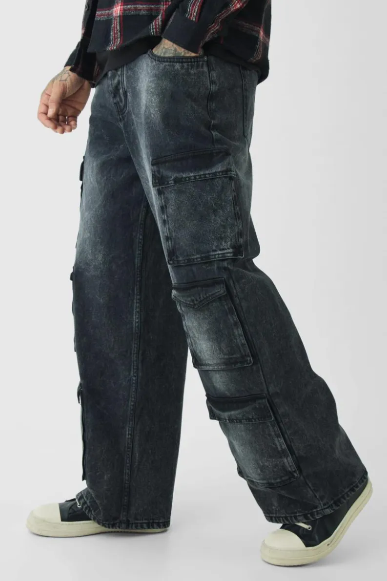 Hot boohooMAN Tall Baggy Fit Washed Multi Pocket Cargo Jeans washed black