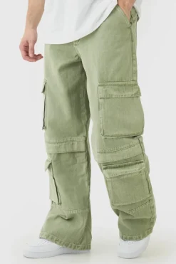 Hot boohooMAN Tall Baggy Fit Washed Multi Pocket Cargo Jeans khaki