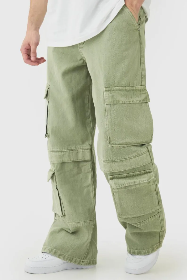Hot boohooMAN Tall Baggy Fit Washed Multi Pocket Cargo Jeans khaki