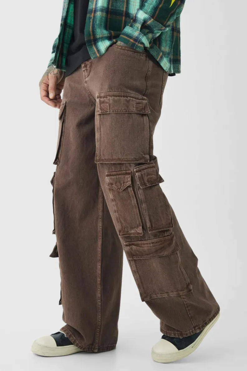 Discount boohooMAN Tall Baggy Fit Washed Multi Pocket Cargo Jeans chocolate