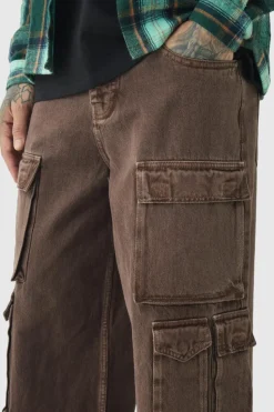 Discount boohooMAN Tall Baggy Fit Washed Multi Pocket Cargo Jeans chocolate