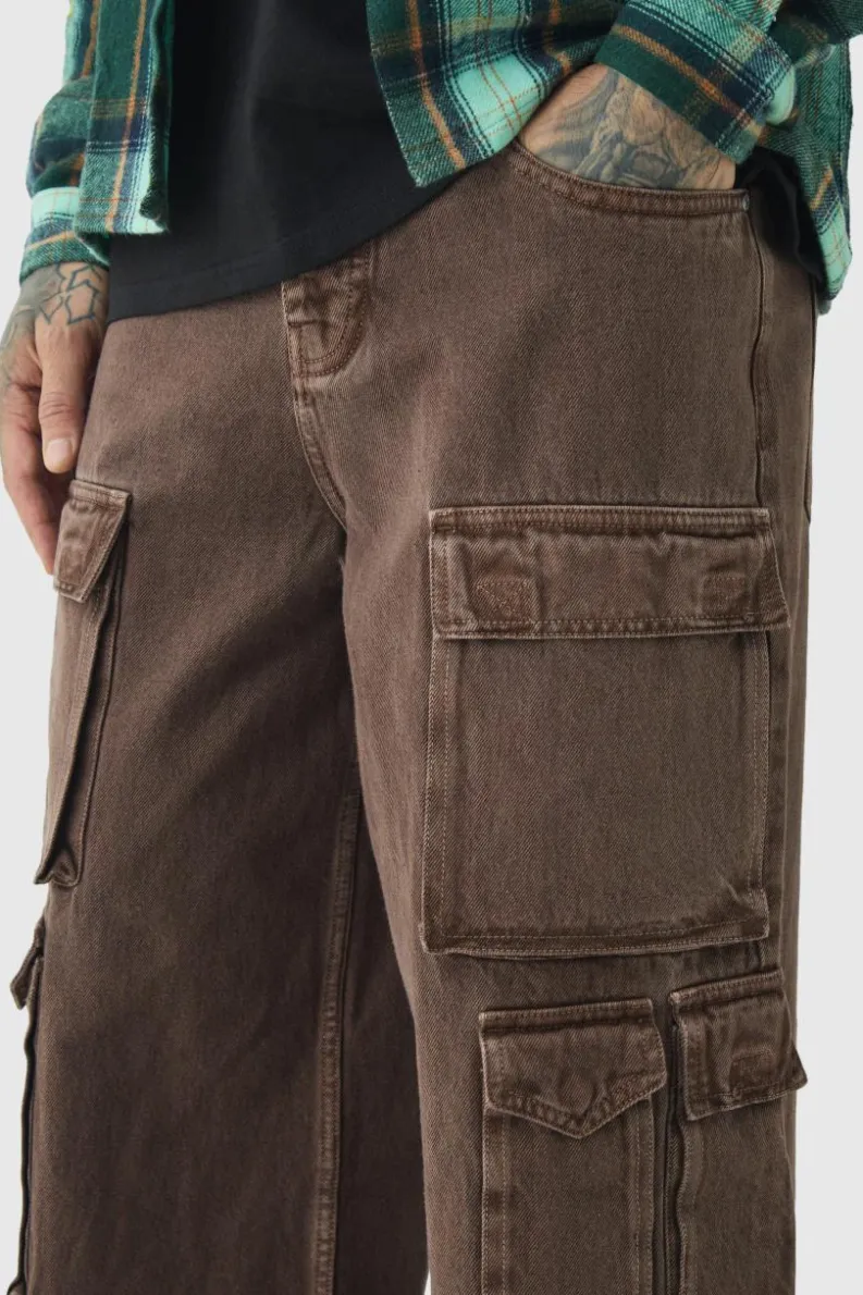 Discount boohooMAN Tall Baggy Fit Washed Multi Pocket Cargo Jeans chocolate