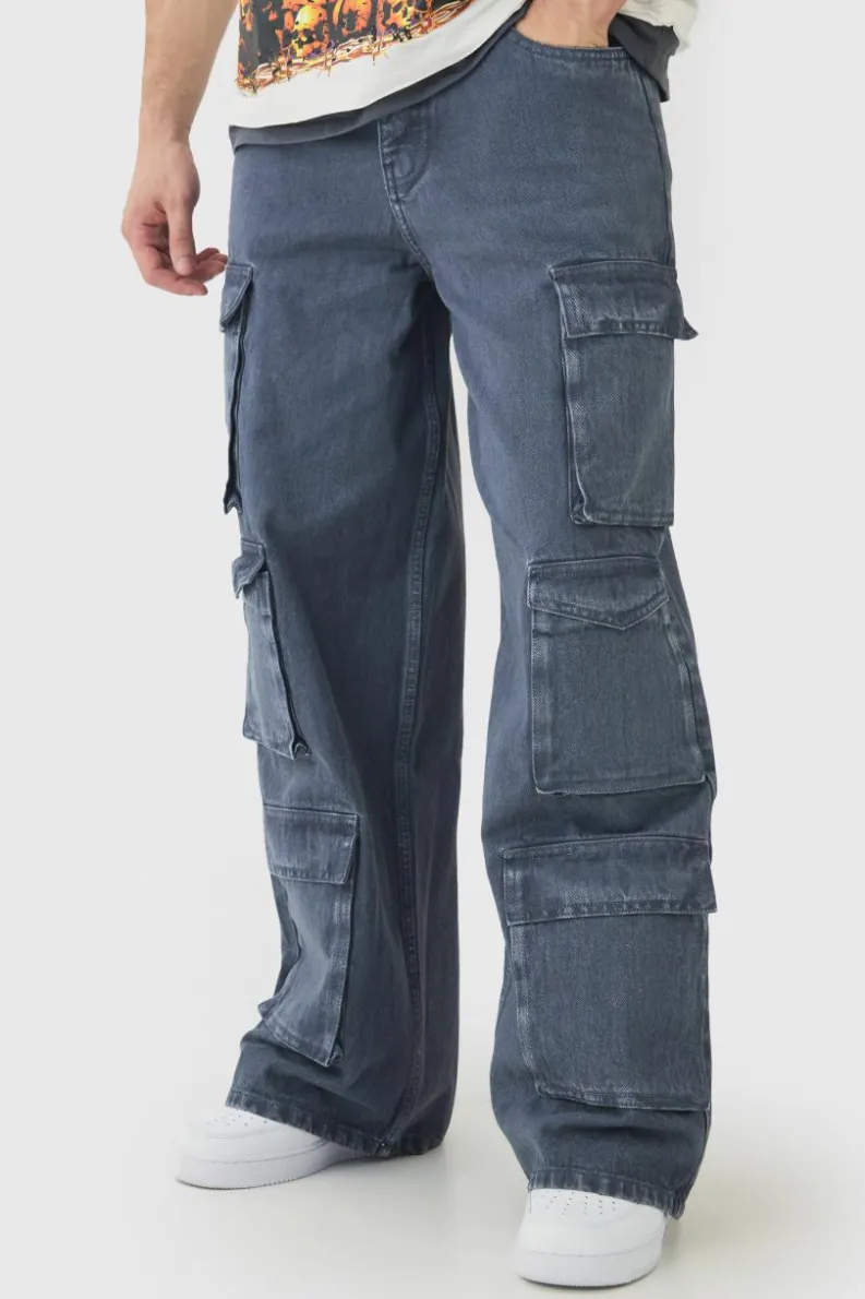 Outlet boohooMAN Tall Baggy Fit Washed Multi Pocket Cargo Jeans grey