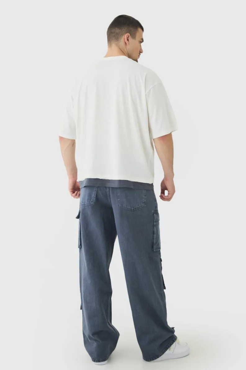 Outlet boohooMAN Tall Baggy Fit Washed Multi Pocket Cargo Jeans grey