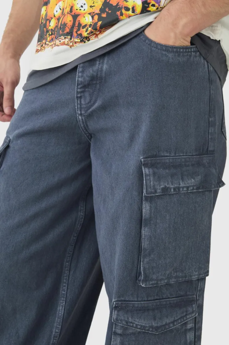 Outlet boohooMAN Tall Baggy Fit Washed Multi Pocket Cargo Jeans grey