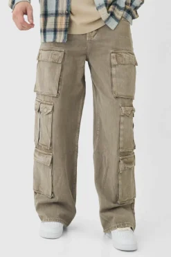 Cheap boohooMAN Tall Baggy Fit Washed Multi Pocket Cargo Jeans taupe