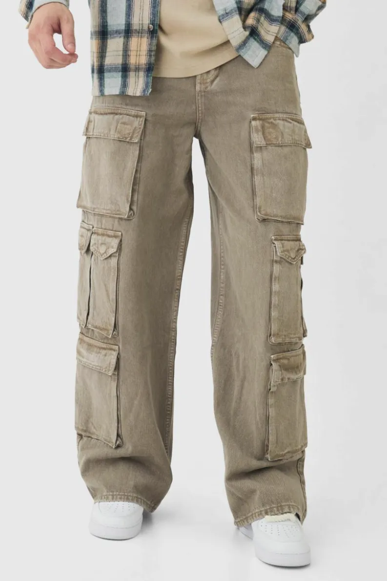 Cheap boohooMAN Tall Baggy Fit Washed Multi Pocket Cargo Jeans taupe