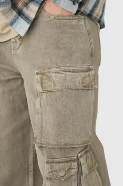 Cheap boohooMAN Tall Baggy Fit Washed Multi Pocket Cargo Jeans taupe