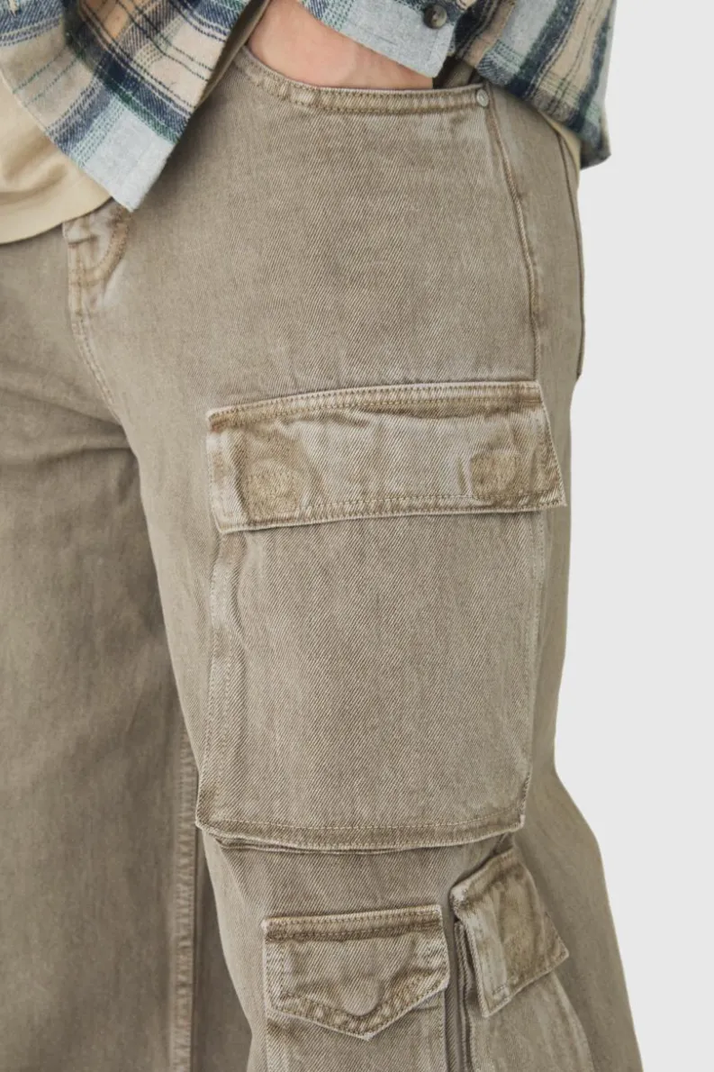 Cheap boohooMAN Tall Baggy Fit Washed Multi Pocket Cargo Jeans taupe