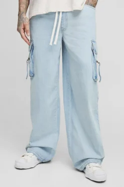 Flash Sale boohooMAN Tall Baggy Rigid Cargo Jeans light blue