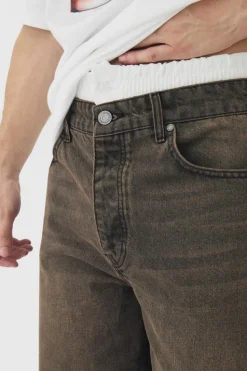 Clearance boohooMAN Tall Baggy Rigid Double Waistband Denim Jeans brown