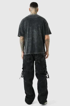 Clearance boohooMAN Tall Baggy Rigid Strap And Buckle Detail Jeans washed black