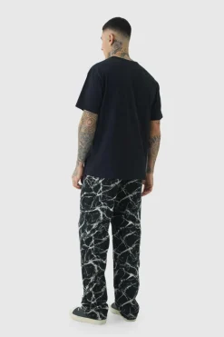 Outlet boohooMAN Tall Barbed Wire Tapestry Relaxed Fit Trousers black