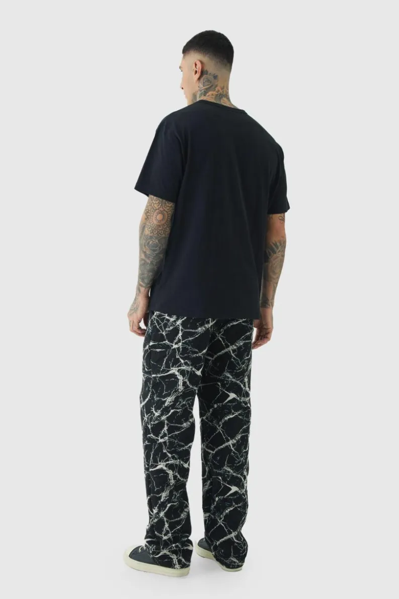 Outlet boohooMAN Tall Barbed Wire Tapestry Relaxed Fit Trousers black