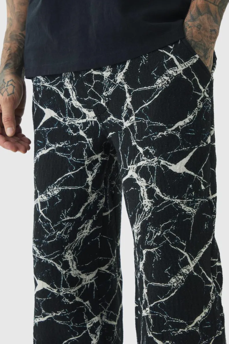 Outlet boohooMAN Tall Barbed Wire Tapestry Relaxed Fit Trousers black