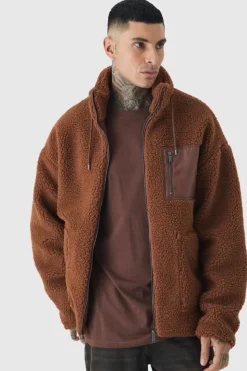 Fashion boohooMAN Tall Borg Funnel Neck Jacket With PU Pocket In tan