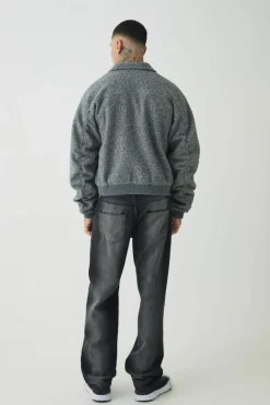 Shop boohooMAN Tall Boucle Ruched Sleeve Bomber Jacket grey