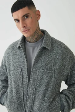 Shop boohooMAN Tall Boucle Ruched Sleeve Bomber Jacket grey