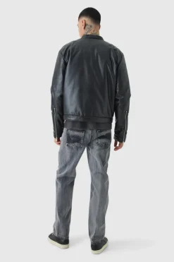Sale boohooMAN Tall Boxy BHM PU Collarless Moto Biker Jacket In black