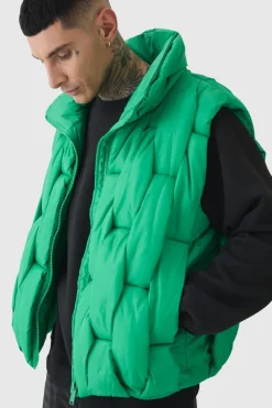 Flash Sale boohooMAN Tall Boxy Fit Hand Weft Padded Gilet In green