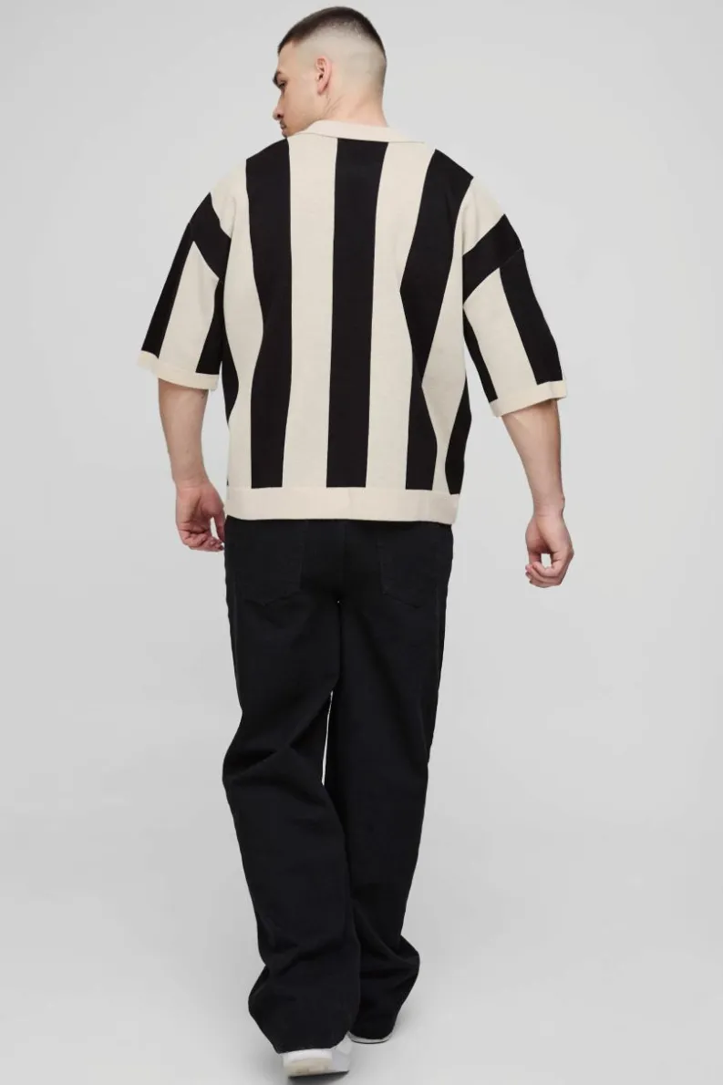 New boohooMAN Tall Boxy Moto Stripe Knitted Polo black