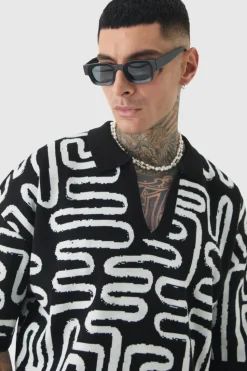Flash Sale boohooMAN Tall Boxy Oversized Abstract Knit Polo black