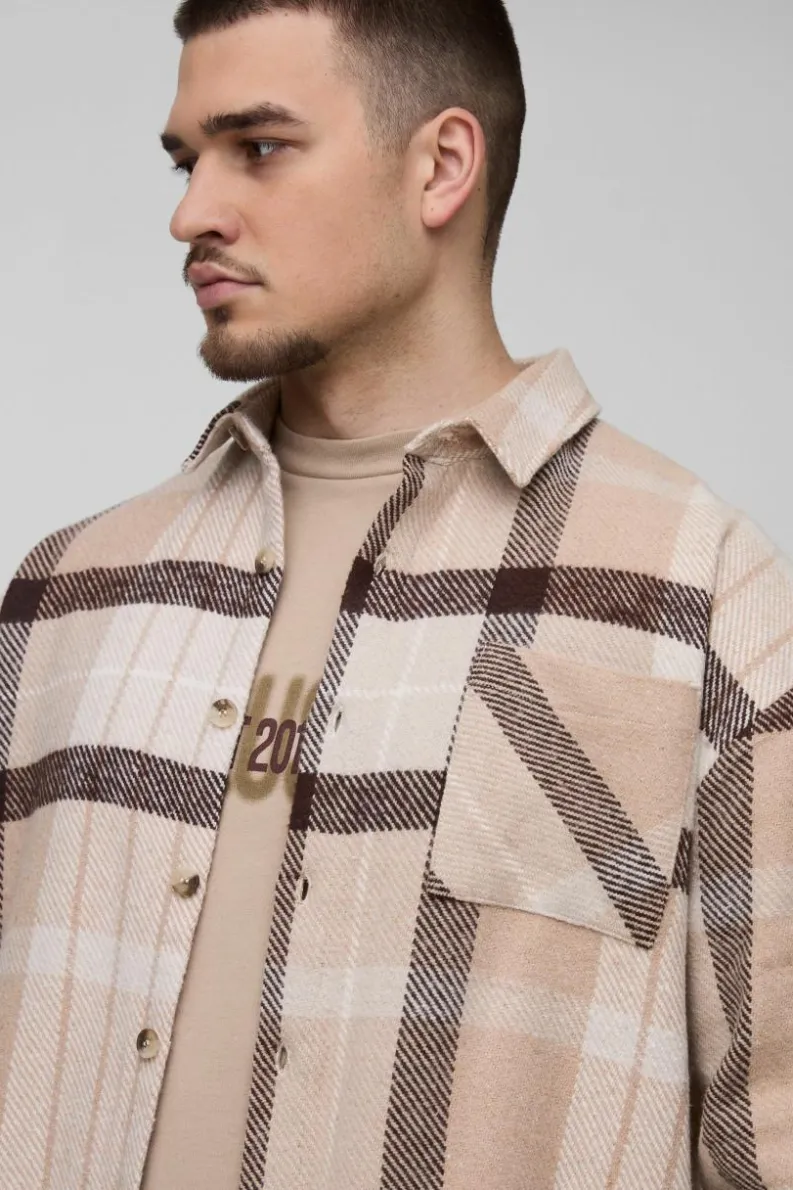 Sale boohooMAN Tall Boxy Split Hem Brushed Check Overshirt multi