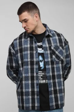 Clearance boohooMAN Tall Boxy Split Hem Brushed Check Overshirt blue