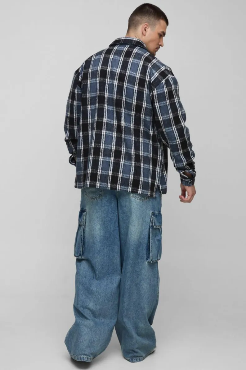 Clearance boohooMAN Tall Boxy Split Hem Brushed Check Overshirt blue