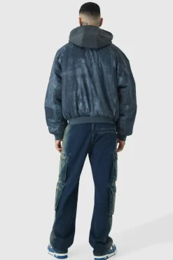 Sale boohooMAN Tall Boxy Washed Padded Hooded Bomber Jacket In black
