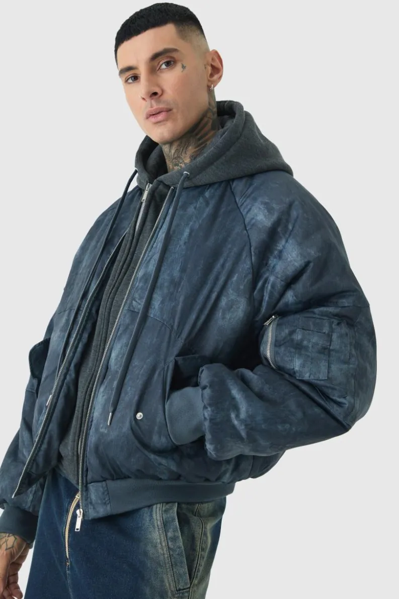 Sale boohooMAN Tall Boxy Washed Padded Hooded Bomber Jacket In black
