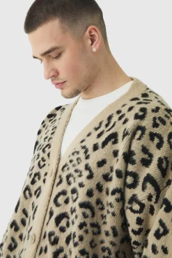 Outlet boohooMAN Tall Brushed Knit Leopard Print Oversized Cardigan taupe