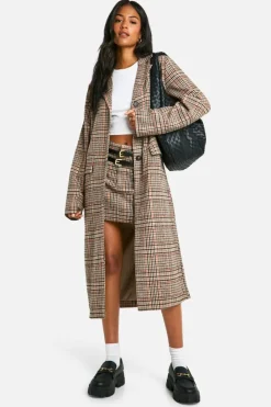 Discount boohoo Tall Check Wool Look Coat and micro mini skirt set stone