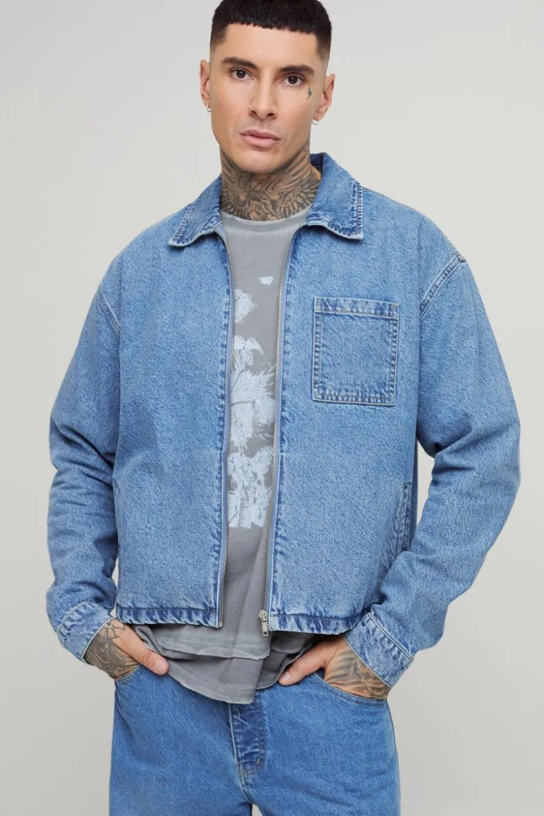 Online boohooMAN Tall Classic Denim Harrington Jacket light wash
