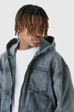 Discount boohooMAN Tall Denim Acid Wash Hoodie charcoal