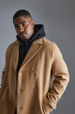 New boohooMAN Tall Double Breasted Wool Look Overcoat in camel