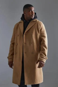 New boohooMAN Tall Double Breasted Wool Look Overcoat in camel