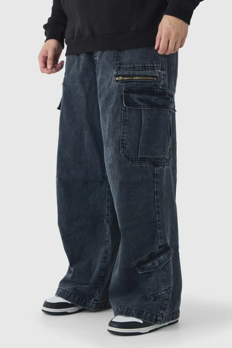Sale boohooMAN Tall Elasticated Waist Acid Wash Parachute Cargo Jeans black