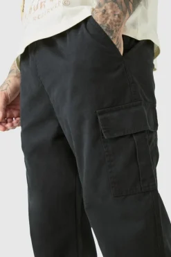 Store boohooMAN Tall Elasticated Waist Twill Slim Fit Cargo Trouser black