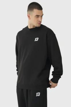 Shop boohooMAN Tall 13 Embroidered Sweat Tracksuit black