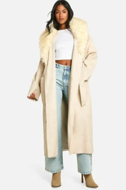 Online boohoo Tall Faux Fur Collar Vintage Look Faux Leather Trench Coat stone
