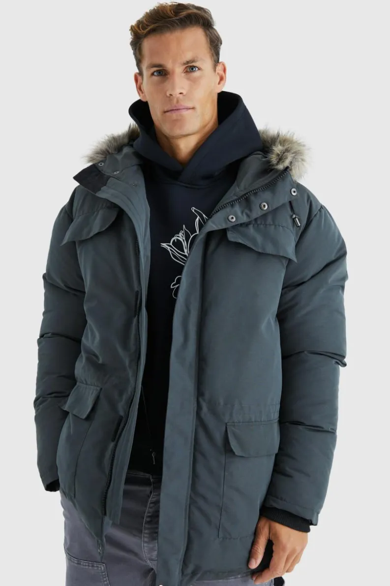 Shop boohooMAN Tall Faux Fur Hooded Arctic Parka Jacket in charcoal
