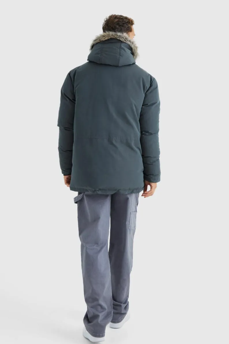Shop boohooMAN Tall Faux Fur Hooded Arctic Parka Jacket in charcoal